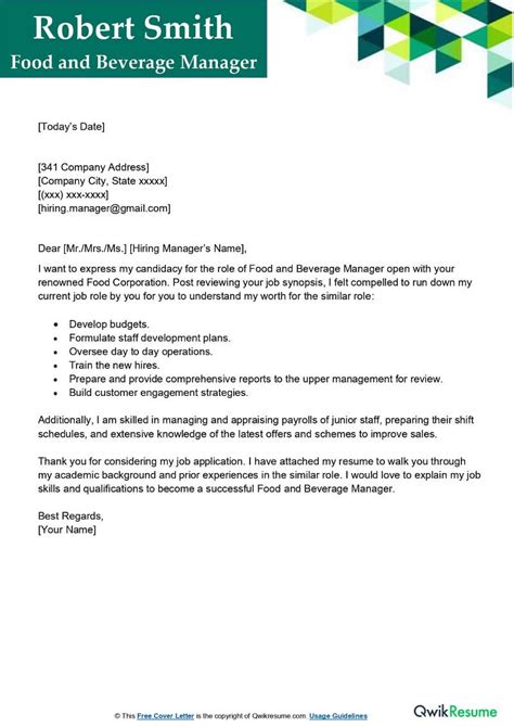 food  beverage manager cover letter examples qwikresume