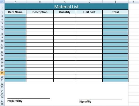 material list template  excel  excel templates exceltemple