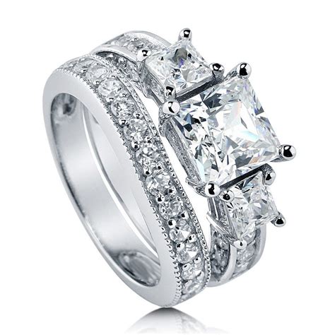 Sterling Silver 925 Princess Cut 3 Stone Engagement Ring Wedding Band