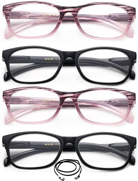 4 Packs Women Reading Glasses Pink And Black With Lanyard Spring Hinge