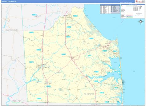 sussex county de zip code wall map basic style  marketmaps mapsales