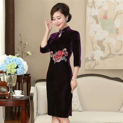 traditional chinese velvet dress women s purple cheongsam size m to 3xl