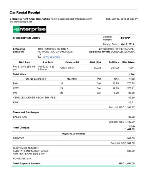enterprise car rental receipt template