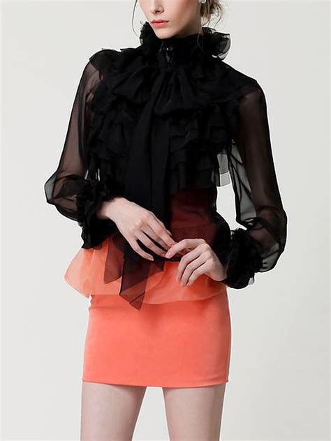 Black Women Tops High Neck Bow Tie Front Layered Ruffle