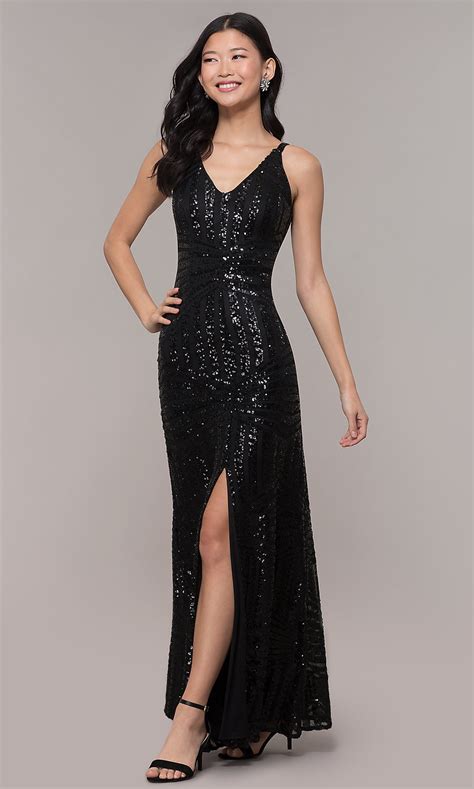 long sequin mesh black prom dress