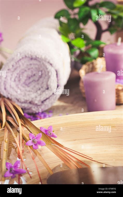purple spa setting stock photo alamy