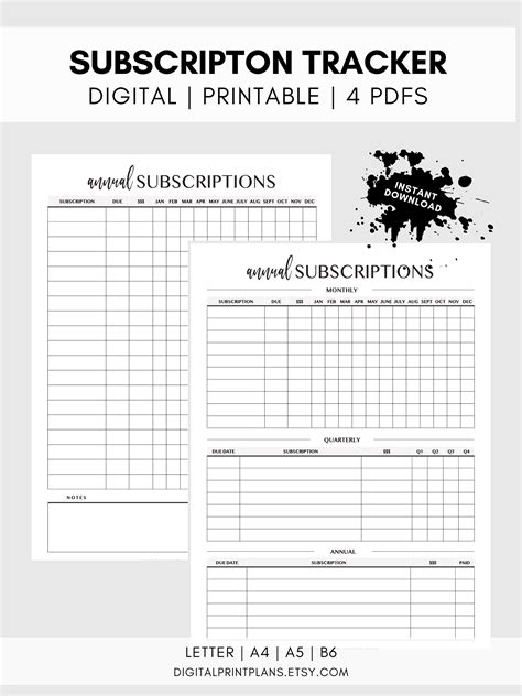 monthly quarterly annual subscription tracker printable digital