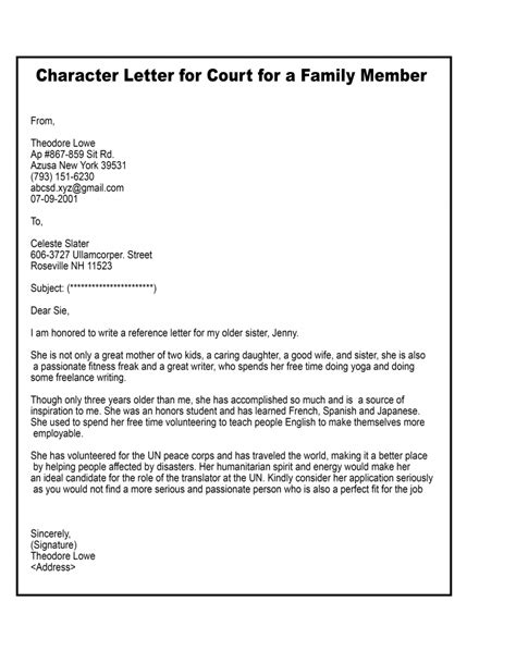 character letter  court   family member   form templates