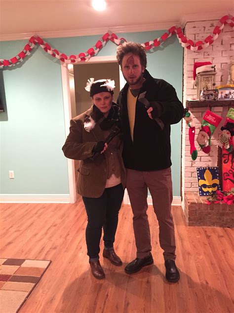 adult couple costume party christmas movie theme harry and marv home alone did it