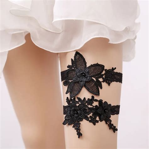 Embroidery Floral Wedding Garter Black Sexy Lace Beading Garters 2pcs