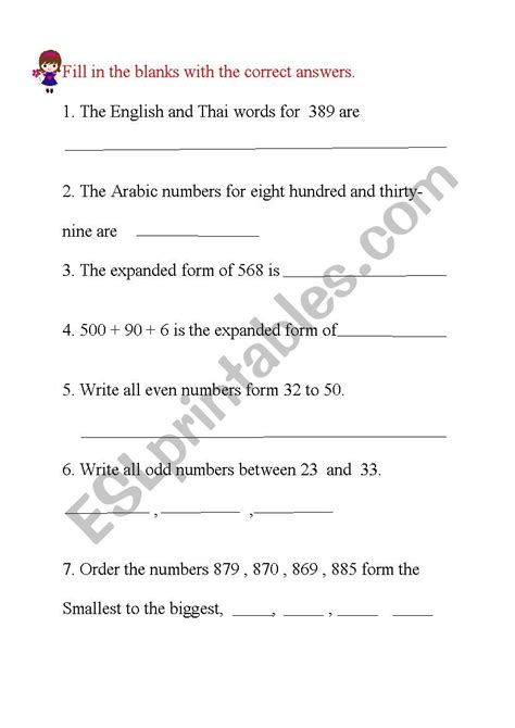 fill   blanks   correct answers esl worksheet  math