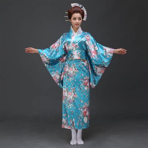 2016 Blue Japanese Traditional Kimono Yukata Costume Dress Robe Geisha