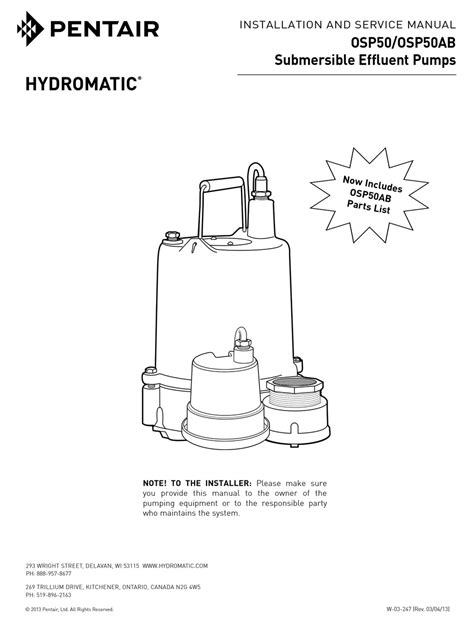 pentair hydromatic osp installation  service manual   manualslib