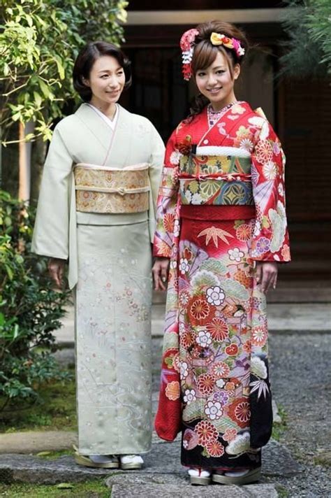 beautiful woman and girl in houmongi and furisode kimono