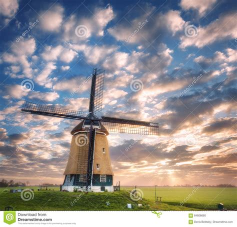Windmill At Sunrise In Netherlands Beautiful Old Dutch