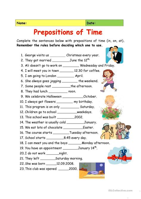 prepositions  time english esl worksheets  distance learning