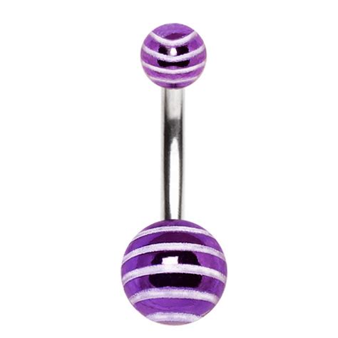White Striped Purple Acrylic Balls Steel Belly Ring