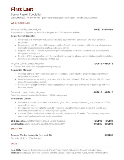 senior payroll specialist resume examples   resume worded