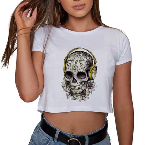 women summer skull crop tops sexy punk white top cropped tee hipster