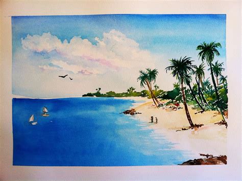 santa barbara fine art watercolor paintings tropical beach scene  sale
