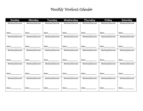 printable workout calendar  shown  black  white