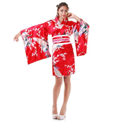Sexy Short Japanese Woman Geisha Yukata Kimono Dress Satin One Size Red