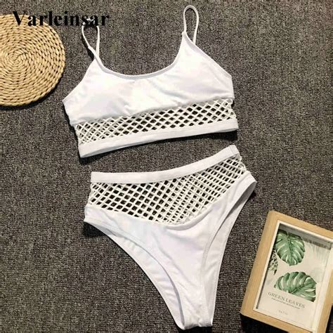 New White Mesh Female Swimsuit High Waist Bikini 2019 Women Swimwear