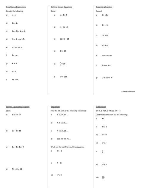 gcse maths foundation algebra revision worksheet