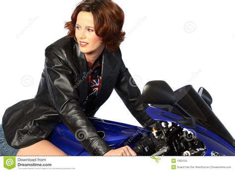 brunette girl on motorcycle leather jacket royalty free