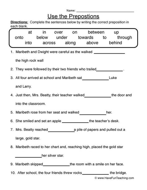 preposition worksheets  grade preposition worksheets