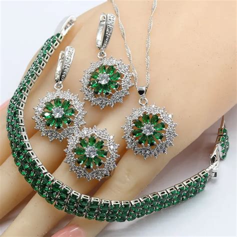 zilveren sieraden sets voor vrouwen green emerald ketting hanger armbanden oorbellen ringen