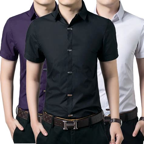 casual men shirt short sleeve elastic slim fit black shirt men solid color mens dress shirts