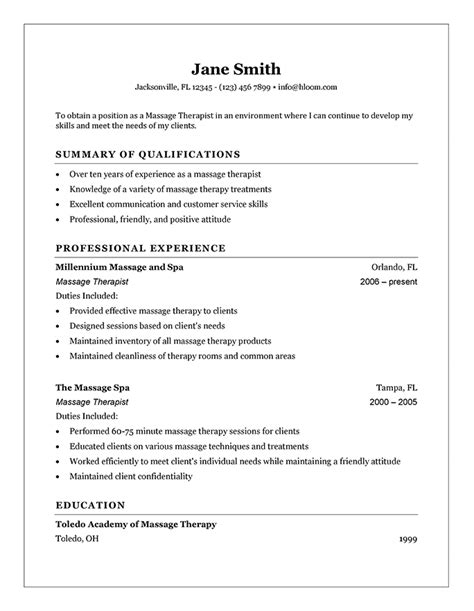 massage therapist resume templates hloom