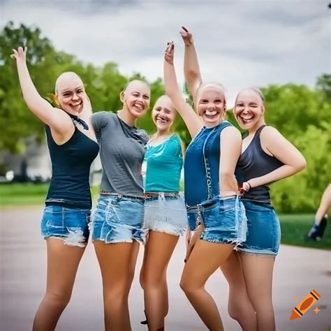 Group Of Confident College Women With Shaved Heads Walking On Campus