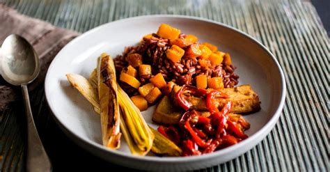 red rice or farro with miso roasted squash leeks red pepper and tofu
