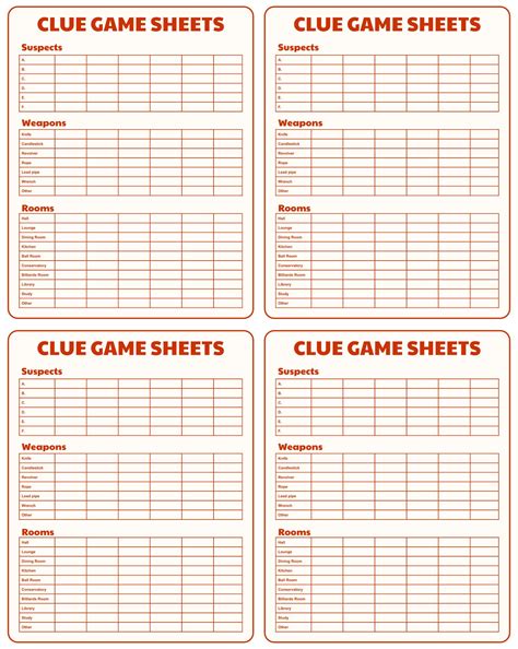 printable board game clue sheets     printablee