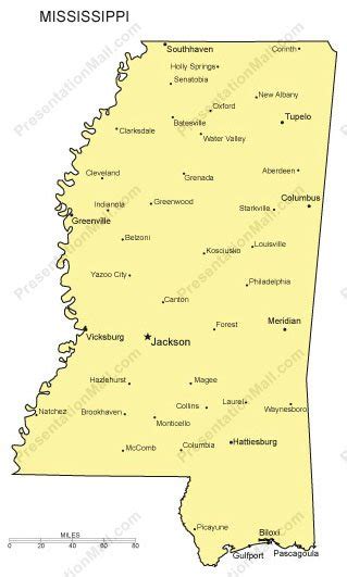 mississippi outline map with capitals major cities digital vector