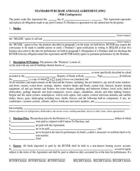 purchase agreement templates   printable word  purchase