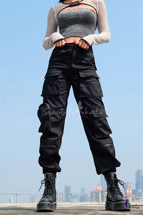 Cool Casual Mid Rise Utility Cuffed Ankle Black Baggy Cargo Pants For