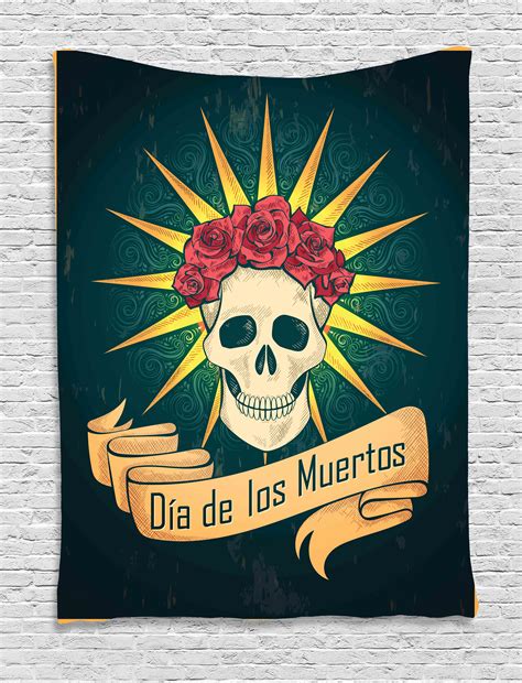 day of the dead decor tapestry sugar skull with roses and