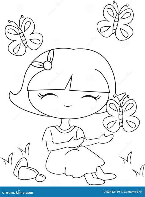 girl  flying butterflies coloring page stock illustration