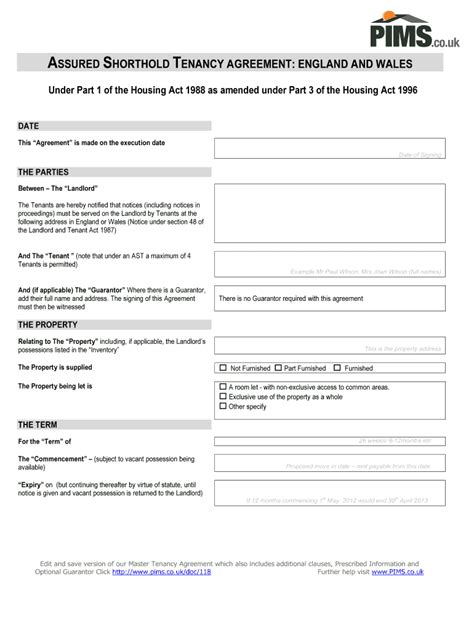 uk pims assured shorthold tenancy agreement england  wales fill  sign printable