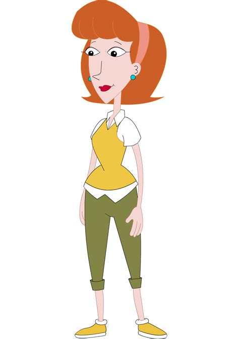 A Woman With Red Hair And Green Pants Is Standing In Front Of A White