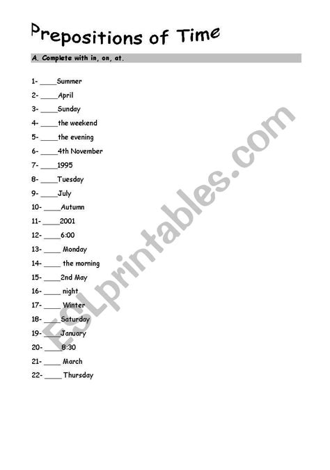 english worksheets prepositions  time