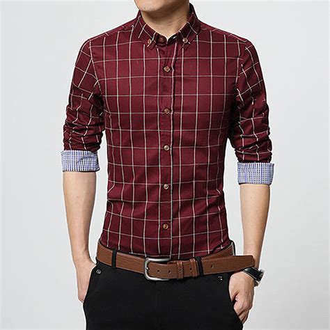 mens fashion stylish plaid dress shirts luxury casual slim fit long