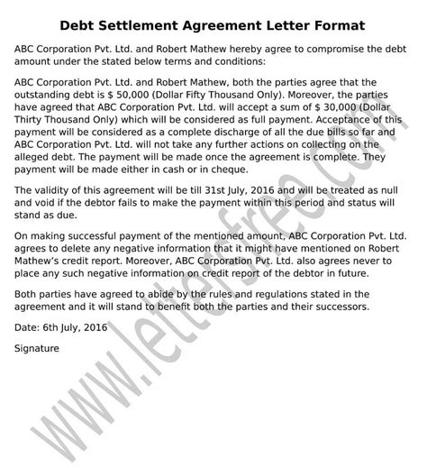 debt settlement agreement letter sample