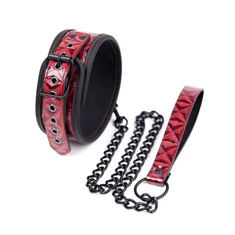 Black Red Pu Leather Bdsm Fetish Bondage Sex Neck Collar And Chain