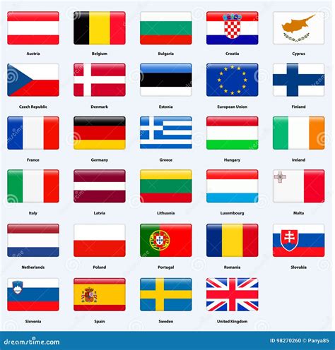 alle vlaggen van de landen van de europese unie rechthoek glanzende stijl vector illustratie