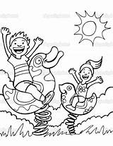 Playing Park Kids Coloring Pages Rides Children Drawing Clip Illustration Clipart Stock Color Outside Having Bouncing Printable sketch template