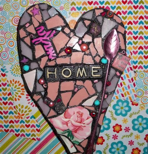 home turquoise pink heart mixed media collage folk art mosaic etsy